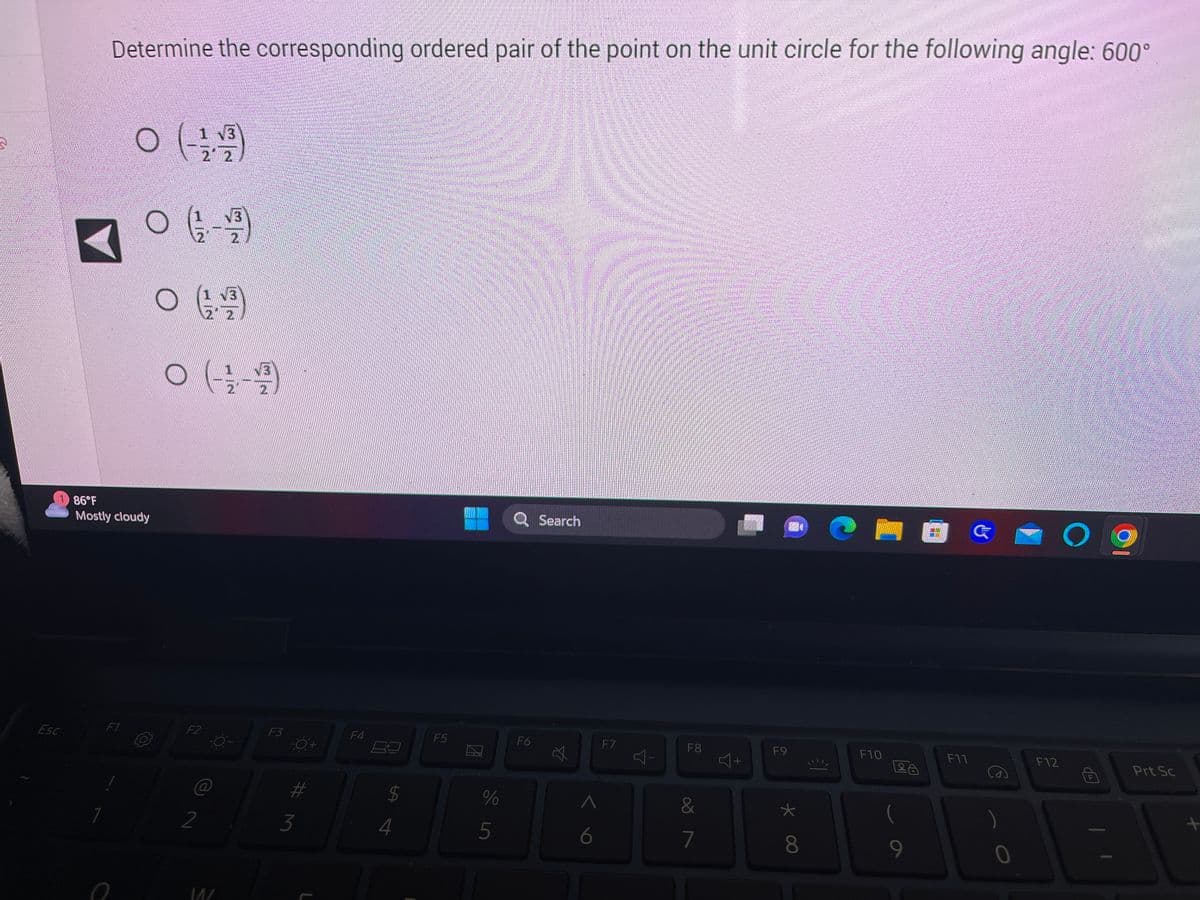 ### Determining the Corresponding Ordered Pair on the Unit Circle for an Angle of 600°

To determine the ordered pair \((x, y)\) on the unit circle for an angle of 600°, you need to calculate the equivalent angle within the standard range of 0° to 360°. 

An angle of 600° can be simplified by subtracting multiples of 360° (since a full circle is 360°):
\[ 600° - 360° = 240° \]

So, the equivalent angle is 240°.

Using the unit circle, the coordinates for 240° are:

\[ \left(-\frac{1}{2}, -\frac{\sqrt{3}}{2}\right) \]

Here are the given choices in the problem:

- A. \(\left( -\frac{1}{2}, \frac{\sqrt{3}}{2} \right)\)
- B. \(\left( \frac{1}{2}, \frac{\sqrt{3}}{2} \right)\)
- C. \(\left( \frac{1}{2}, -\frac{\sqrt{3}}{2} \right)\)
- D. \(\left( -\frac{1}{2}, -\frac{\sqrt{3}}{2} \right)\)

The correct choice is:
- **D.** \(\left( -\frac{1}{2}, -\frac{\sqrt{3}}{2} \right)\)

This pair represents the cosine and sine values of 240° on the unit circle.