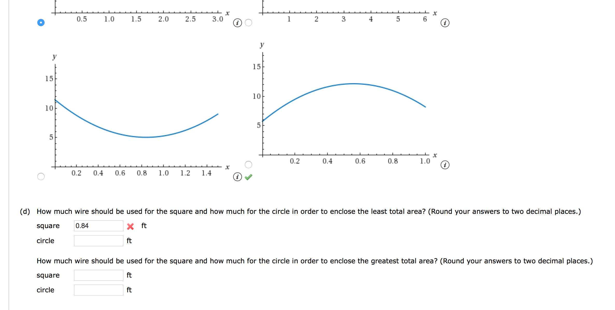 ### Optimizing Wire Usage for Enclosing Areas

#### Graphical Analysis
In the provided images, there are four graphs displaying different functions. These graphs are essential for interpreting and solving optimization problems involving wire to enclose areas. Let's briefly explain each graph:

1. **Graph 1 (Top left)**:
   - **Axes**: The x-axis ranges from 0 to 3, and the y-axis is also scaled accordingly.
   - **Plot**: This is a curve starting at near (0,0), rising to a max value around (1.5,1.5), and then dropping again to (3,0).

2. **Graph 2 (Top right)**:
   - **Axes**: The x-axis ranges from 0 to 6 while the y-axis is scaled to show the curve's range.
   - **Plot**: This is another curve starting at about (0,0), reaching a peak roughly at (3,3), and descending to (6,0).

3. **Graph 3 (Bottom left)**:
   - **Axes**: The x-axis ranges from 0.2 to 1.4, and the y-axis from 5 to 15.
   - **Plot**: This parabola-like curve starts near (0.2,10), dips down to about (0.8,5), and then rises again towards (1.4,15).

4. **Graph 4 (Bottom right)**:
   - **Axes**: The x-axis ranges from 0 to 1, and the y-axis from 5 to 15.
   - **Plot**: This is another curve beginning around (0,5), peaking approximately at (0.5,15), and returning to (1,5).

These graphical variations must be understood to solve the optimization problems accurately.

#### Optimization Questions
Next, consider the provided problem statement regarding wire usage. It involves determining the amount of wire for enclosing the least and greatest total areas between a square and a circle.

1. **Minimizing Total Area**:
   - The fields for wire length used for the square and the circle are meant to be filled. The example incorrectly estimates that **0.84 ft** of wire for the square doesn't yield the least area. The optimal lengths need to be recalculated.

2. **Maximizing Total Area**:
   - There are unfilled fields for determining the wire