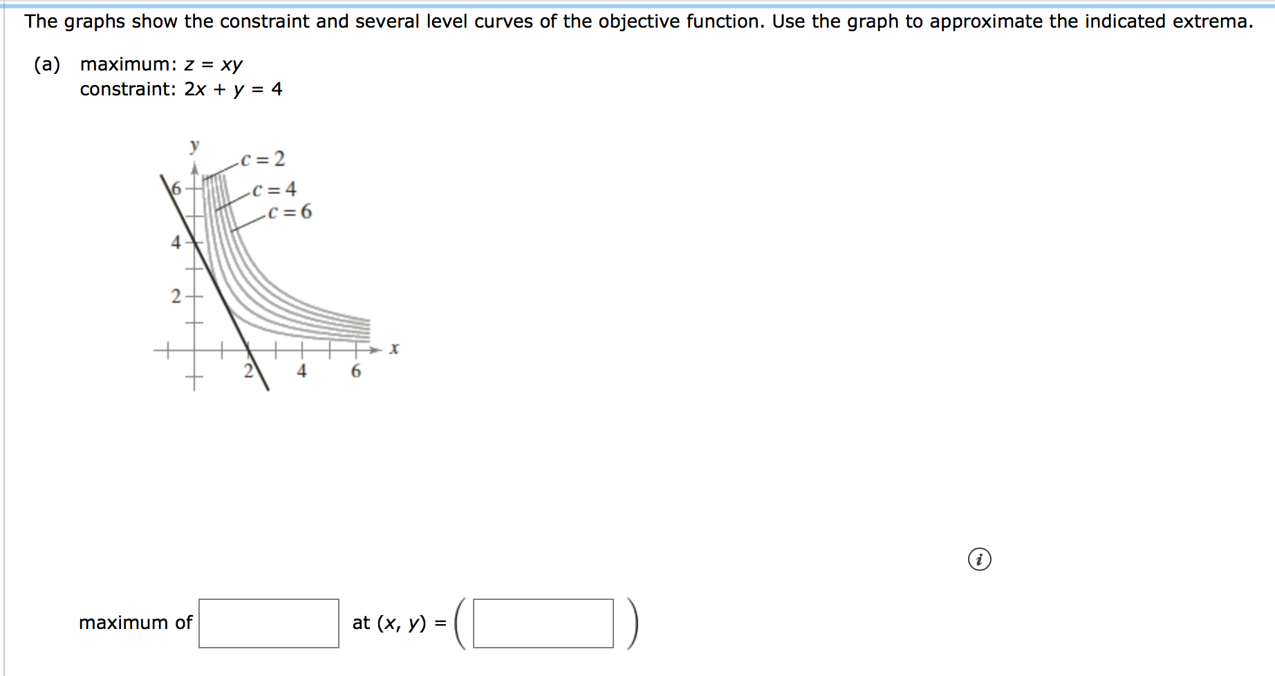 The graphs show the constraint and several level curves of the objective function.
(a) maximum: z = xy
constraint: 2x + y = 4
.C = 2
-C = 4
-C = 6
2-
