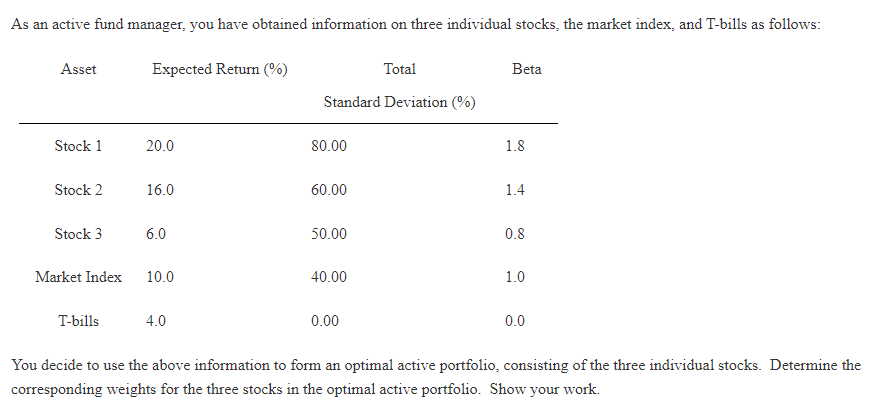 As an active fund manager, you have obtained information on three individual stocks, the market index, and T-bills as follows:
Expected Return (%)
Asset
Stock 1
Stock 2
Stock 3
Market Index
T-bills
20.0
16.0
6.0
10.0
4.0
Total
Standard Deviation (%)
80.00
60.00
50.00
40.00
0.00
Beta
1.8
1.4
0.8
1.0
0.0
You decide to use the above information to form an optimal active portfolio, consisting of the three individual stocks. Determine the
corresponding weights for the three stocks in the optimal active portfolio. Show your work.