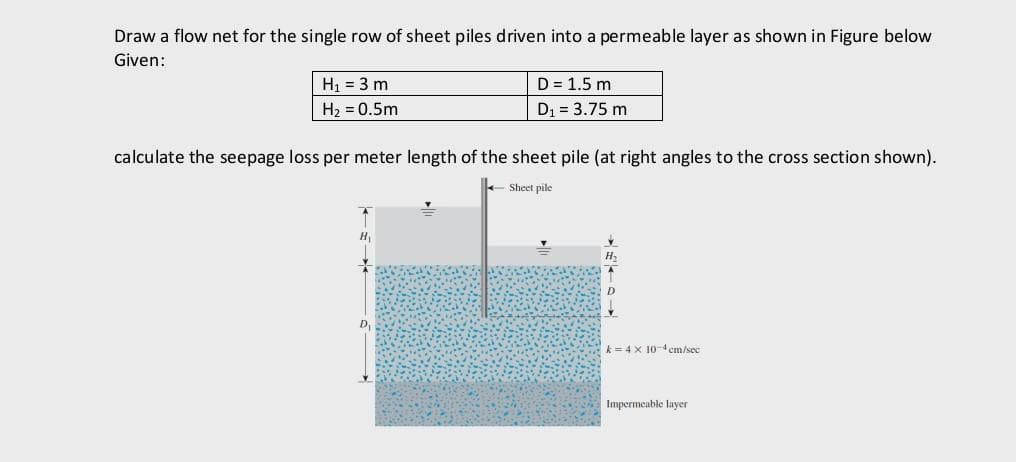 Draw a flow net for the single row of sheet piles driven into a permeable layer as shown in Figure below
Given:
H₁ = 3 m
H₂ = 0.5m
calculate the seepage loss per meter length of the sheet pile (at right angles to the cross section shown).
H₁
3
D = 1.5 m
D₁ = 3.75 m
D₁
-Sheet pile
k= 4 x 10-4cm/sec
Impermeable layer