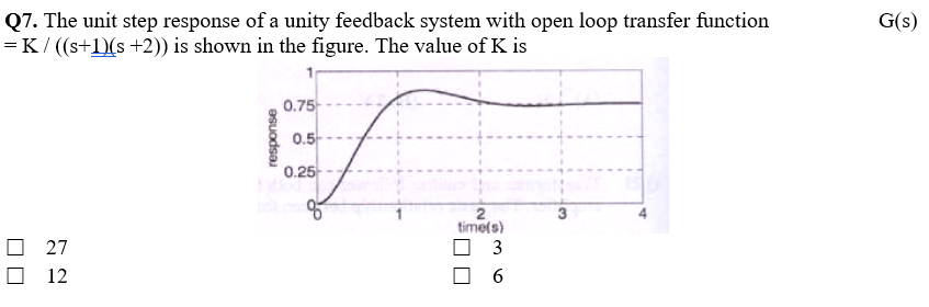 Q7. The unit step response of a unity feedback system with open loop transfer function
= K/ (s+1)(s +2)) is shown in the figure. The value of K is
G(s)
0.75
0.5-
0.25
3
timels)
O 3
27
12
6.
Osuodsa
