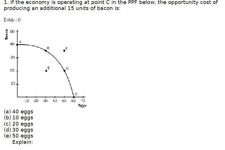 1. If the economy is operating at point C in the PPF below, the opportunity cost of
producing an additional 15 units of bacon is:
Exhib:6
४
Bacon
50
40
30
20
10.
E
20 20
(a) 40 eggs
8-
30 40
(b) 10 eggs
(c) 20 eggs
(d) 30 eggs
(e) 50 eggs
Explain:
8.
50 60
70