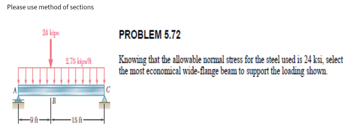 Please use method of sections
24 kips
PROBLEM 5.72
Knowing that the allowable nomal stress for the steel used is 24 ksi, select
the most economical wide-flange beam to support the loading shown.
2.75 kips/it
C
-15 ft-
