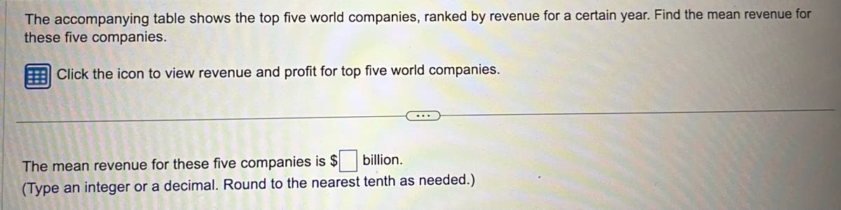 The accompanying table shows the top five world companies, ranked by revenue for a certain year. Find the mean revenue for
these five companies.
Click the icon to view revenue and profit for top five world companies.
The mean revenue for these five companies is $
billion.
(Type an integer or a decimal. Round to the nearest tenth as needed.)