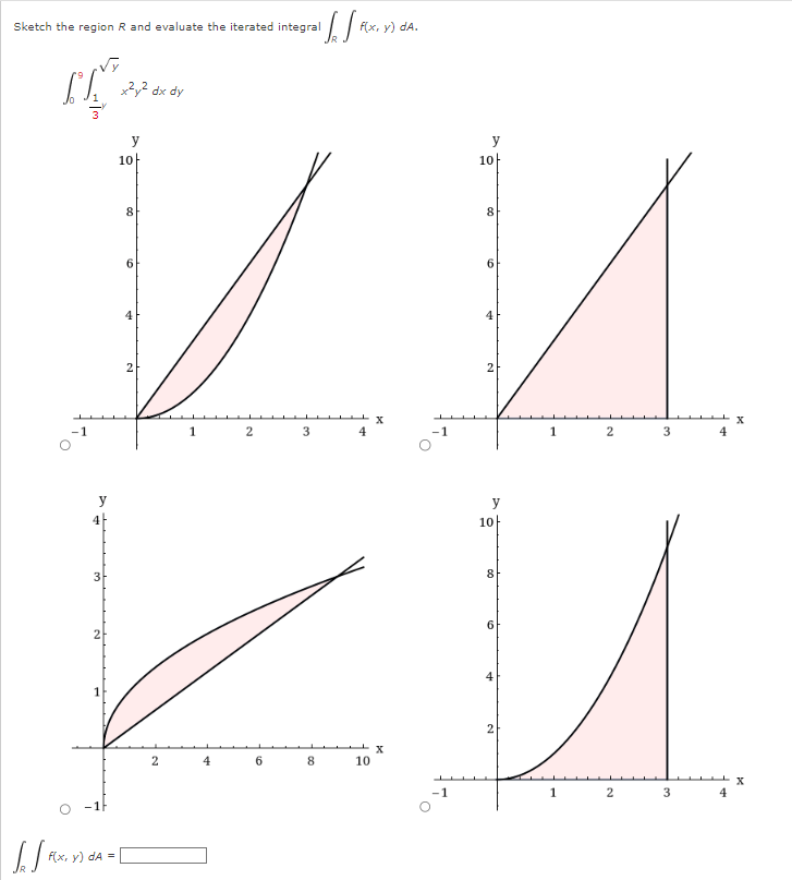 Sketch the region R and evaluate the iterated integral
[S.
3
JS Fix
3
2
f(x, y) dA =
x²y² dx dy
y
10
8
6
4
2
2
1
4
2
6
3
1. SFLX.
8
f(x, y) dA.
4
10
X
X
10
8
6
2
10
8
6
2
1
1
2
2
3
3
4
4
X
X