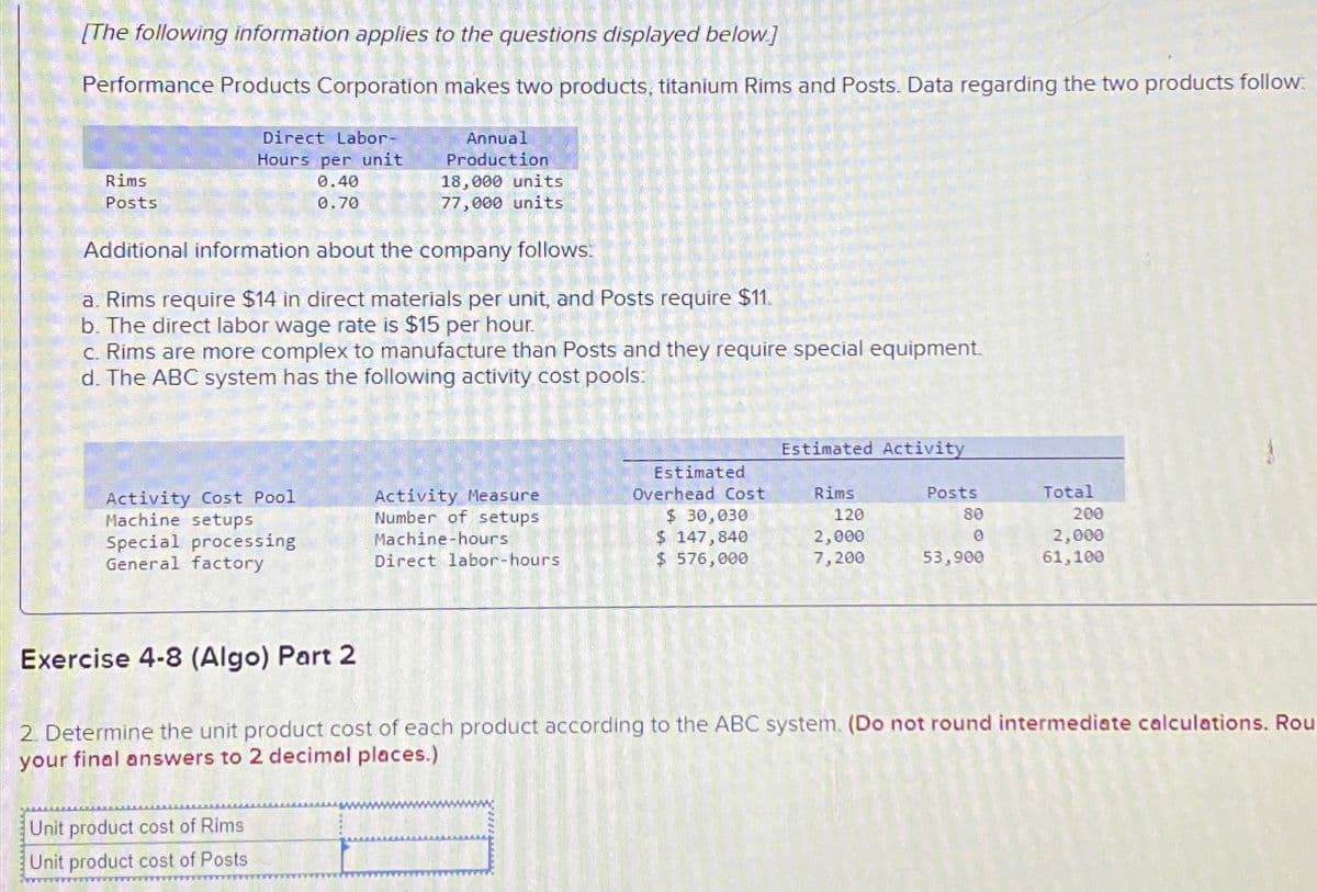 [The following information applies to the questions displayed below.]
Performance Products Corporation makes two products, titanium Rims and Posts. Data regarding the two products follow:
Rims
Posts
Direct Labor-
Hours per unit
0.40
0.70
Activity Cost Pool
Machine setups
Special processing
General factory
Annual
Production
Additional information about the company follows:
a. Rims require $14 in direct materials per unit, and Posts require $11.
b. The direct labor wage rate is $15 per hour.
c. Rims are more complex to manufacture than Posts and they require special equipment.
d. The ABC system has the following activity cost pools:
Unit product cost of Rims
Unit product cost of Posts
18,000 units
77,000 units
Activity Measure
Number of setups
Machine-hours
Direct labor-hours
Estimated
Overhead Cost
$ 30,030
$147,840
$ 576,000
Estimated Activity
Rims
120
2,000
7,200
Posts
80
0
53,900
Total
200
2,000
61,100
Exercise 4-8 (Algo) Part 2
2. Determine the unit product cost of each product according to the ABC system. (Do not round intermediate calculations. Rou
your final answers to 2 decimal places.)