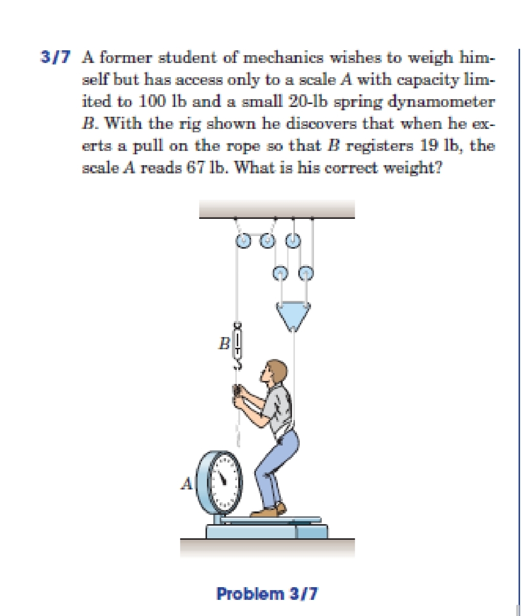 3/7 A former student of mechanics wishes to weigh him-
self but has access only to a scale A with capacity lim-
ited to 100 lb and a small 20-lb spring dynamometer
B. With the rig shown he discovers that when he ex-
erts a pull on the rope so that B registers 19 lb, the
scale A reads 67 lb. What is his correct weight?
O OO
B
Problem 3/7
