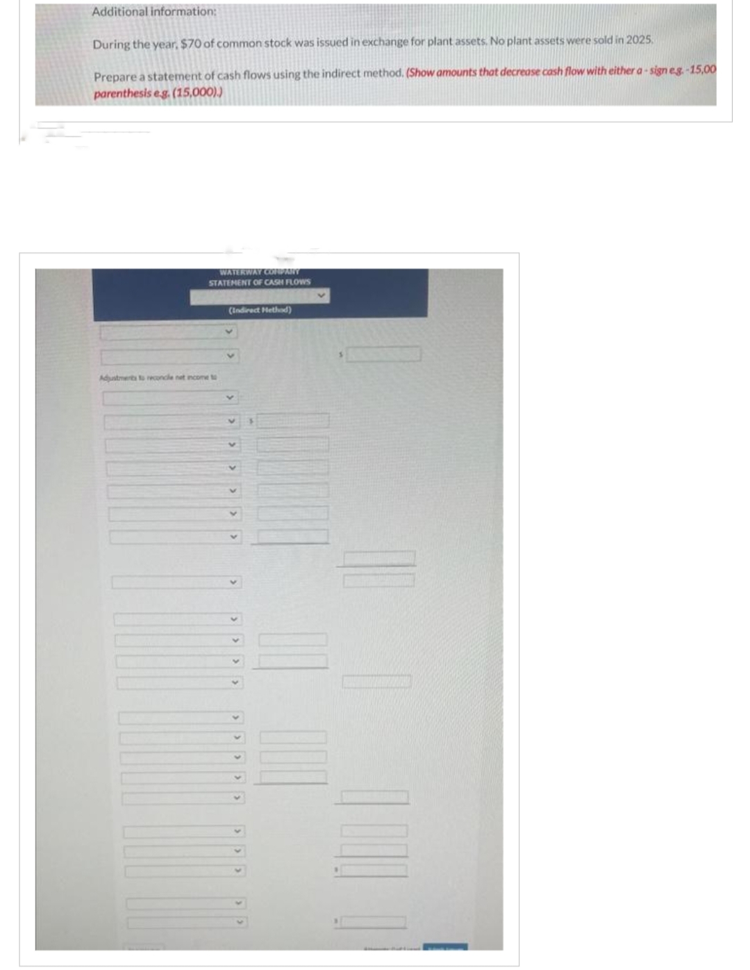 Additional information:
During the year. $70 of common stock was issued in exchange for plant assets. No plant assets were sold in 2025.
Prepare a statement of cash flows using the indirect method. (Show amounts that decrease cash flow with either a-sign e.g.-15,00
parenthesis e.g. (15,000))
WATERWAY COMPANY
STATEMENT OF CASH FLOWS
Adjustments to reconcile net income to
(Indirect Method)