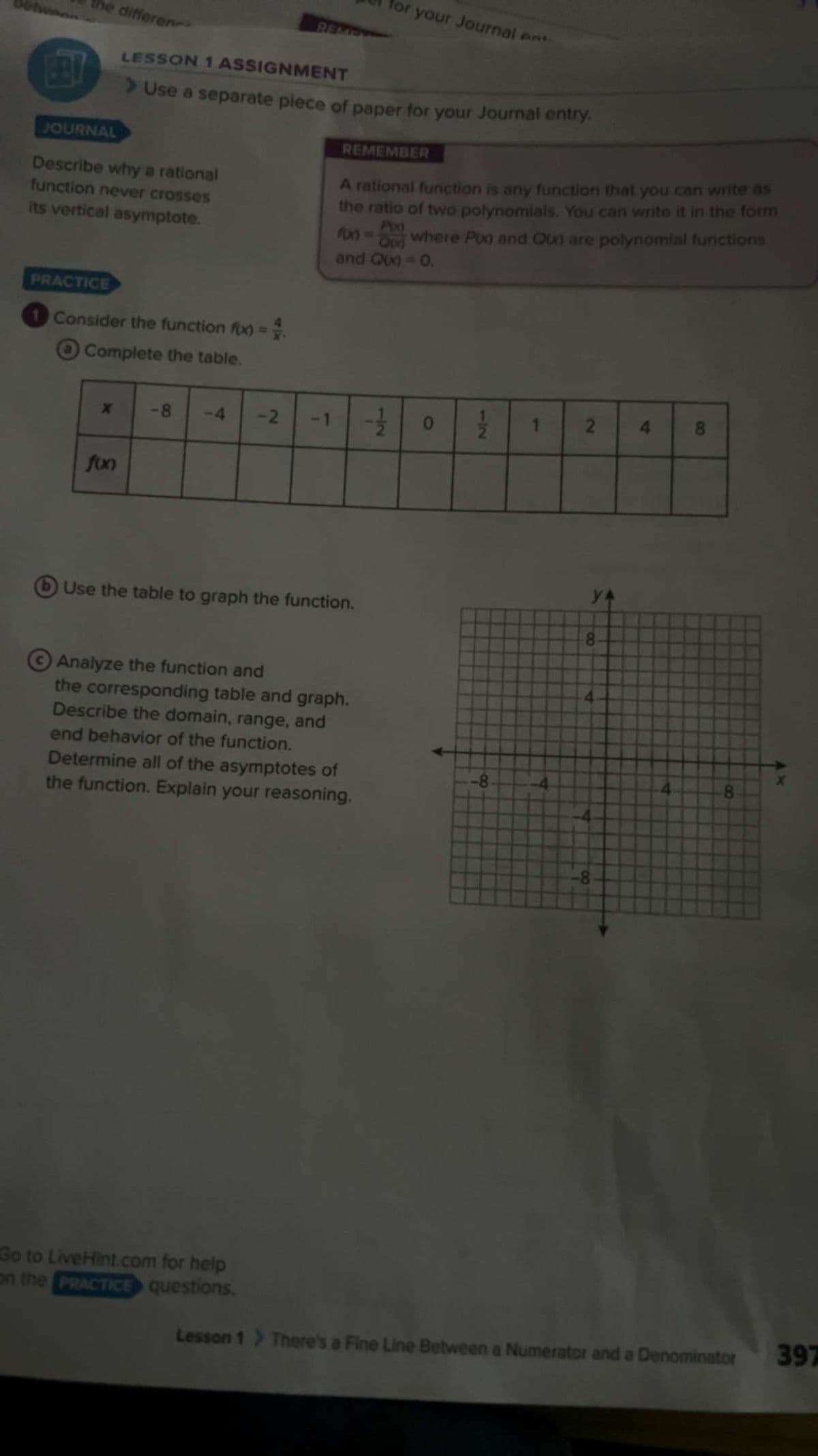 EBY
the differenc
JOURNAL
Describe why a rational
function never crosses
its vertical asymptote.
PRACTICE
1 Consider the function fix) = 4.
Complete the table.
X
f(x)
LESSON 1 ASSIGNMENT
> Use a separate piece of paper for your Journal entry.
REMO
REMEMBER
Go to LiveHint.com for help
on the PRACTICE questions.
for your Journal ent
A rational function is any function that you can write as
the ratio of two polynomials. You can write it in the form
f(x) = where Poo and Qu) are polynomial functions
P(x)
and Q(x) = 0.
-8 -4 -2 -1 1-2/201
Use the table to graph the function.
Analyze the function and
the corresponding table and graph.
Describe the domain, range, and
end behavior of the function.
Determine all of the asymptotes of
the function. Explain your reasoning.
NI
0
7
-8.
2
-8
-8
4
4
8
Lesson 1 > There's a Fine Line Between a Numerator and a Denominator
397