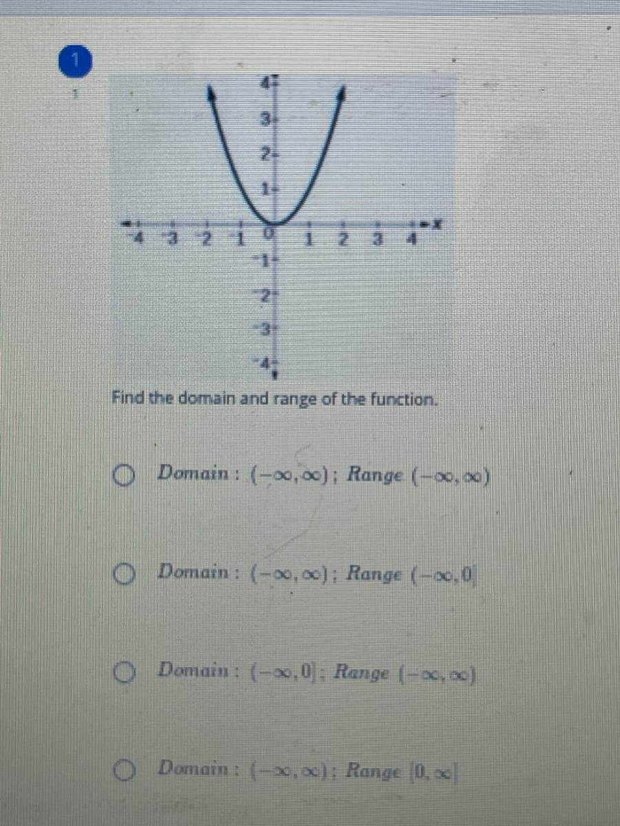 2.
道
1254
Find the domain and range of the function.
Domain: (-0, oc); Range (-oo, o0)
Domain: (-00, 00); Range (-oc,0
Domain: (-x,0: Range (-oc, x)
Domain: (-x, ox); Range (0, oc
