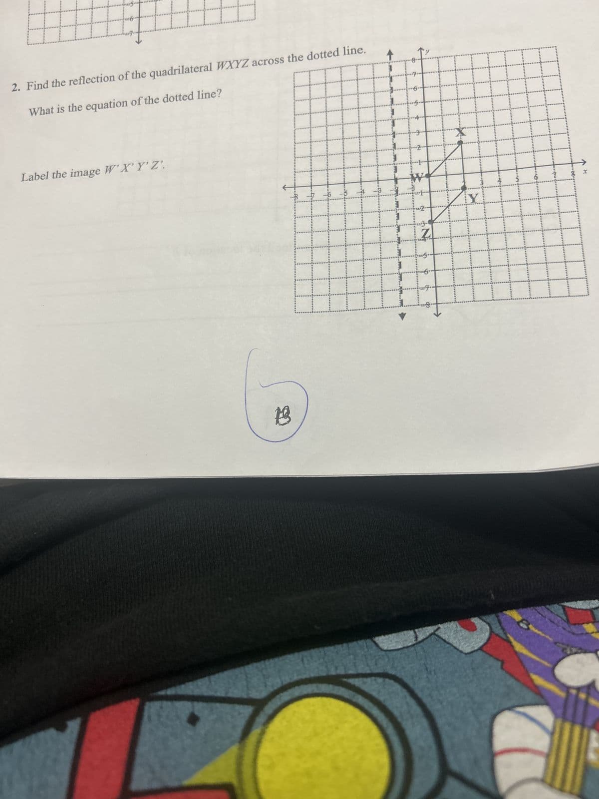 2. Find the reflection of the quadrilateral WXYZ across the dotted line.
What is the equation of the dotted line?
8
Label the image W'X'Y'Z'.
13
th
S
-2.
H
C
Z
s
Y