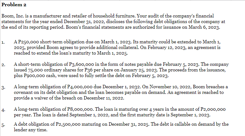 Problem 2
Boom, Inc. is a manufacturer and retailer of household furniture. Your audit of the company's financial
statements for the year ended December 31, 2022, discloses the following debt obligations of the company at
the end of its reporting period. Boom's financial statements are authorized for issuance on March 6, 2023.
1.
2.
4.
A P250,000 short-term obligation due on March 1, 2023. Its maturity could be extended to March 1,
2025, provided Boom agrees to provide additional collateral. On February 12, 2023, an agreement is
reached to extend the loan's maturity to March 1, 2025.
3.
A long-term obligation of P4,000,000 due December 1, 2032. On November 10, 2022, Boom breaches a
covenant on its debt obligation and the loan becomes payable on demand. An agreement is reached to
provide a waiver of the breach on December 11, 2022.
5.
A short-term obligation of P3,600,000 in the form of notes payable due February 5, 2023. The company
issued 75,000 ordinary shares for P36 per share on January 25, 2023. The proceeds from the issuance,
plus P900,000 cash, were used to fully settle the debt on February 5, 2023.
A long-term obligation of P8,000,000. The loan is maturing over 4 years in the amount of P2,000,000
per year. The loan is dated September 1, 2022, and the first maturity date is September 1, 2023.
A debt obligation of P2,500,000 maturing on December 31, 2025. The debt is callable on demand by the
lender any time.