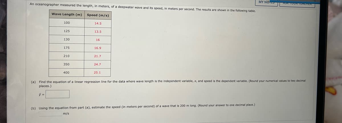 An oceanographer measured the length, in meters, of a deepwater wave and its speed, in meters per second. The results are shown in the following table.
Wave Length (m) Speed (m/s)
100
9 =
125
130
175
210
350
400
14.5
13.5
m/s
16
16.9
21.7
24.7
25.1
(a) Find the equation of a linear regression line for the data where wave length is the independent variable, x, and speed is the dependent variable. (Round your numerical values to two decimal
places.)
(b) Using the equation from part (a), estimate the speed (in meters per second) of a wave that is 200 m long. (Round your answer to one decimal place.)
MY NOTES
ZON TOON TEACHICA