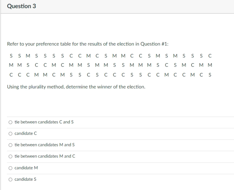 Question 3
Refer to your preference table for the results of the election in Question #1:
S S M S SS S CC M C S M M C C S MS M S SS C
MM S C CM CM M S M M S S M M M S C S M C MM
SMMM ScS M смм
сссмм смS S cscс cSSC смссм с S
Using the plurality method, determine the winner of the election.
O tie between candidates C and S
O candidate C
O tie between candidates M and S
O tie between candidates M and C
O candidate M
candidate S
