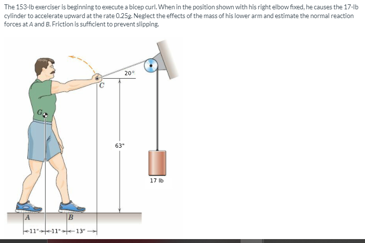 The 153-lb exerciser is beginning to execute a bicep curl. When in the position shown with his right elbow fixed, he causes the 17-lb
cylinder to accelerate upward at the rate 0.25g. Neglect the effects of the mass of his lower arm and estimate the normal reaction
forces at A and B. Friction is sufficient to prevent slipping.
20°
63"
17 lb
B
-11"
13"
