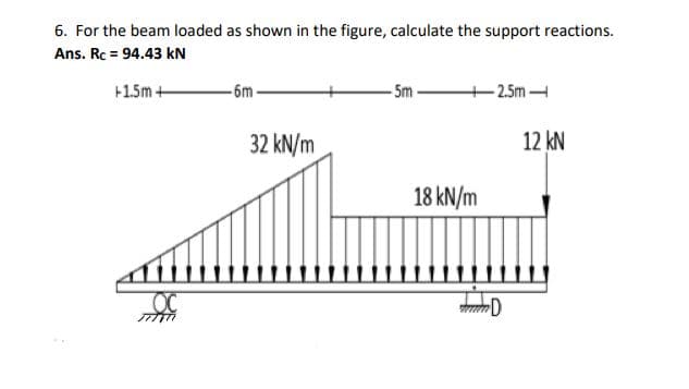 6. For the beam loaded as shown in the figure, calculate the support reactions.
Ans. Rc = 94.43 kN
+1.5m +
- 6m-
-5m
- 2.5m
32 kN/m
12 kN
18 kN/m
