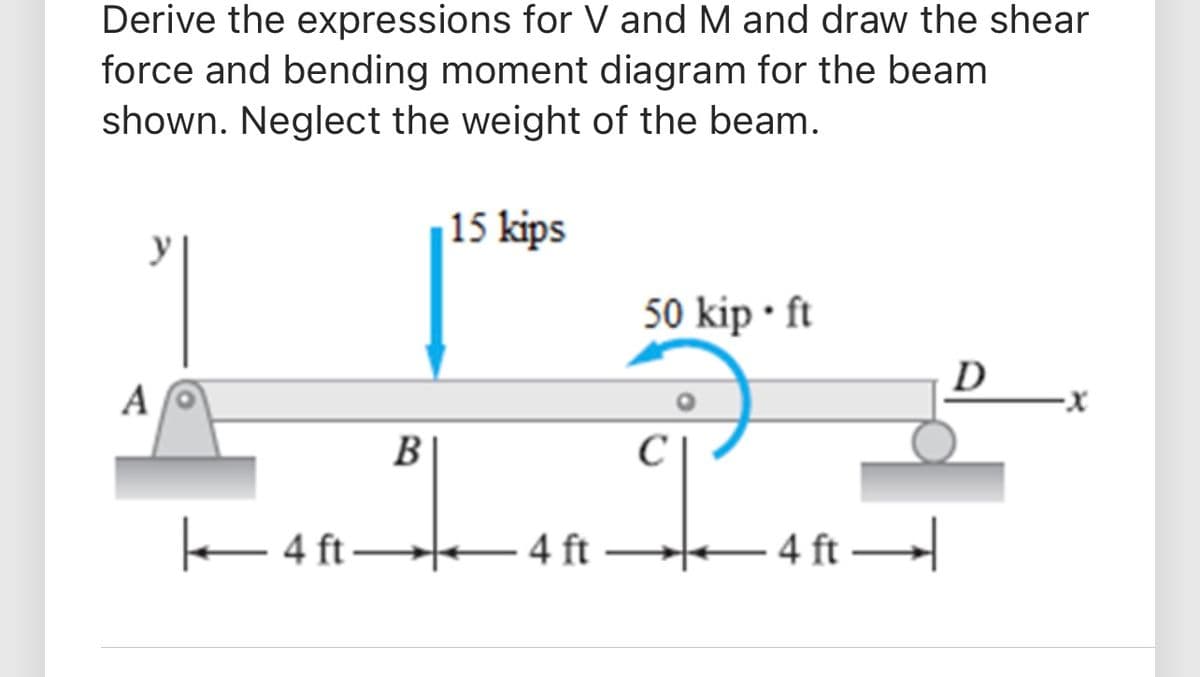 Derive the expressions for V and M and draw the shear
force and bending moment diagram for the beam
shown. Neglect the weight of the beam.
15 kips
y
50 kip • ft
D
A
В
C
e 4 ft
-4 ft →
4 ft
