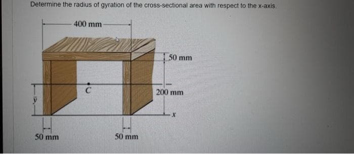 Determine the radius of gyration of the cross-sectional area with respect to the x-axis.
400 mm
50 mm
C
200 mm
50 mm
50 mm
