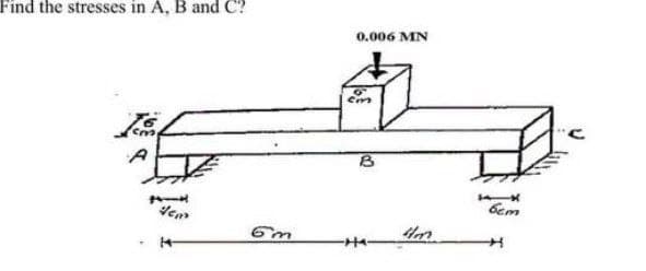 Find the stresses in A, B and C?
A
41
Vem
14
6m
0.006 MN
cm
8
-HA-
4m
6cm
U