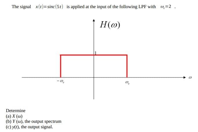 The signal x(t)=sinc (5t) is applied at the input of the following LPF with = 2 .
Determine
(a) X (w)
(b) Y (o), the output spectrum
(c) y(t), the output signal.
H(o)
e