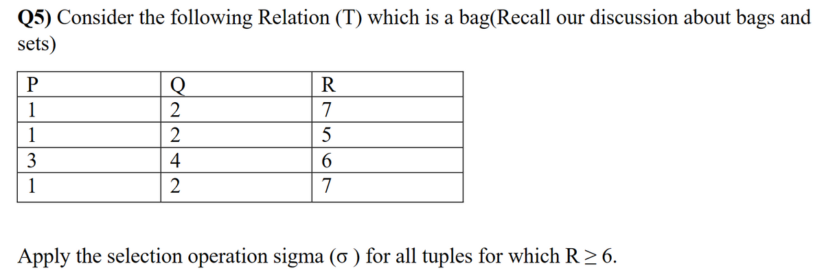 Q5) Consider the following Relation (T) which is a bag(Recall our discussion about bags and
sets)
P
1
1
3
1
Q
2
2
4
2
R
7
5
6
7
Apply the selection operation sigma (o) for all tuples for which R≥ 6.