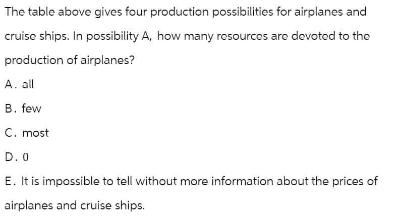 The table above gives four production possibilities for airplanes and
cruise ships. In possibility A, how many resources are devoted to the
production of airplanes?
A. all
B. few
C. most
D. O
E. It is impossible to tell without more information about the prices of
airplanes and cruise ships.