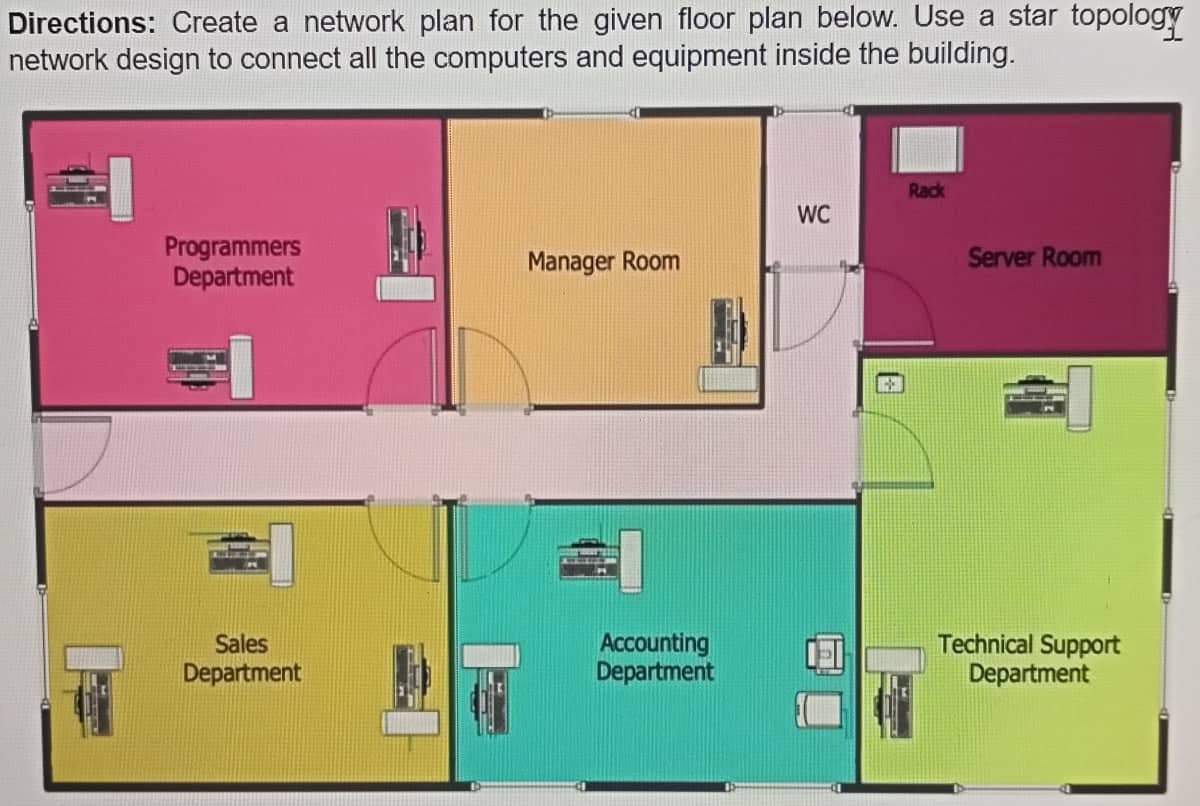 Directions: Create a network plan for the given floor plan below. Use a star topology
network design to connect all the computers and equipment inside the building.
Rack
WC
Programmers
Department
Manager Room
Server Room
Sales
Department
Technical Support
Department
Accounting
Department
021