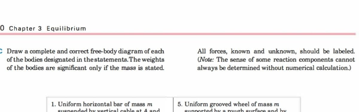 0 Chapter 3 Equilibrium
C Draw a complete and correct free-body diagram of each
of the bodies designated in the statements. The weights
of the bodies are significant only if the mass is stated.
All forces, known and unknown, should be labeled.
(Note: The sense of some reaction components cannot
always be determined without numerical calculation.)
1. Uniform horizontal bar of mass m
susnended hy vertical cable at A and
5. Uniform grooved wheel of mass m
sunported hy a rough surface and hy
