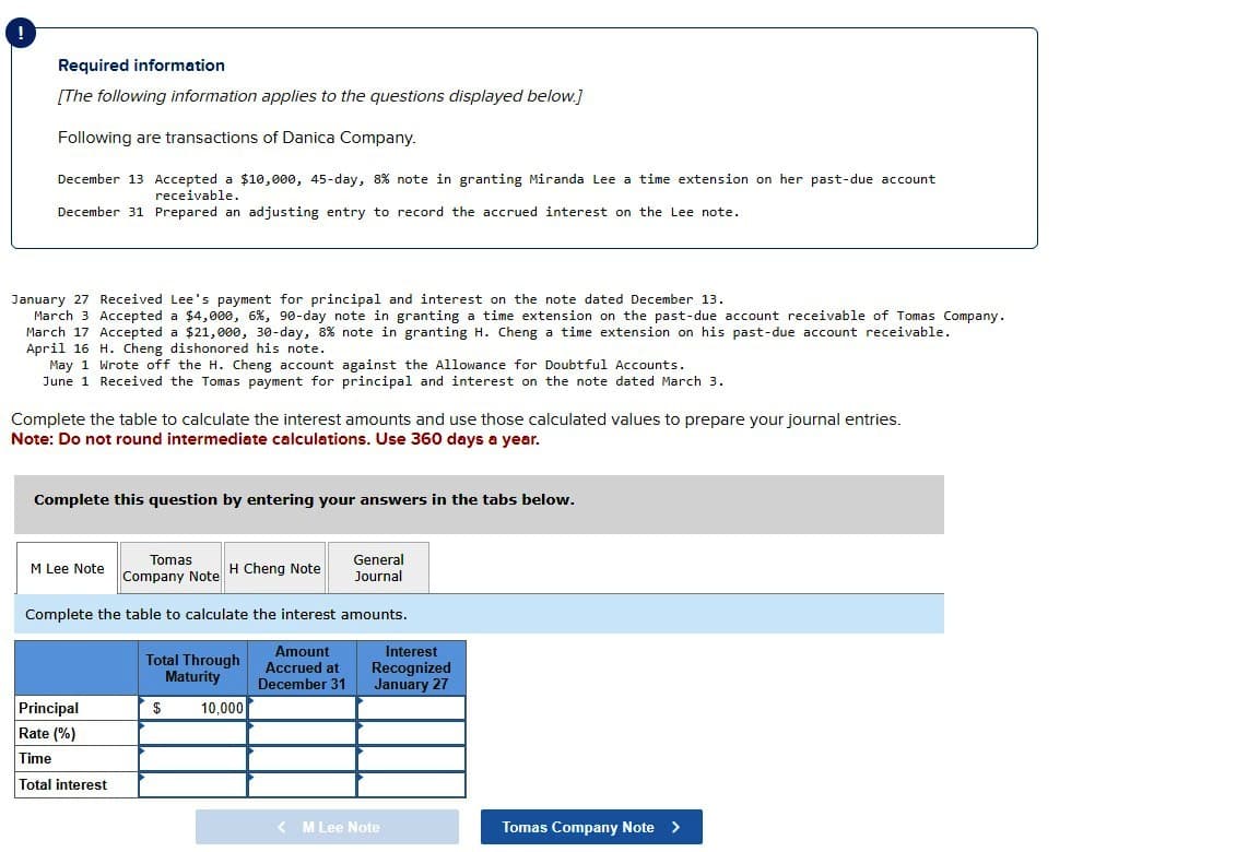 Required information
[The following information applies to the questions displayed below.]
Following are transactions of Danica Company.
December 13 Accepted a $10,000, 45-day, 8% note in granting Miranda Lee a time extension on her past-due account
receivable.
December 31 Prepared an adjusting entry to record the accrued interest on the Lee note.
January 27 Received Lee's payment for principal and interest on the note dated December 13.
March 3 Accepted a $4,000, 6%, 90-day note in granting a time extension on the past-due account receivable of Tomas Company.
March 17 Accepted a $21,000, 30-day, 8% note in granting H. Cheng a time extension on his past-due account receivable.
April 16 H. Cheng dishonored his note.
May 1 Wrote off the H. Cheng account against the Allowance for Doubtful Accounts.
June 1 Received the Tomas payment for principal and interest on the note dated March 3.
Complete the table to calculate the interest amounts and use those calculated values to prepare your journal entries.
Note: Do not round intermediate calculations. Use 360 days a year.
Complete this question by entering your answers in the tabs below.
M Lee Note
Tomas
H Cheng Note
Company Note
Principal
Rate (%)
Time
Total interest
Complete the table to calculate the interest amounts.
Amount
Accrued at
December 31
Total Through
Maturity
$
General
Journal
10,000
Interest
Recognized
January 27
<M Lee Note
Tomas Company Note >