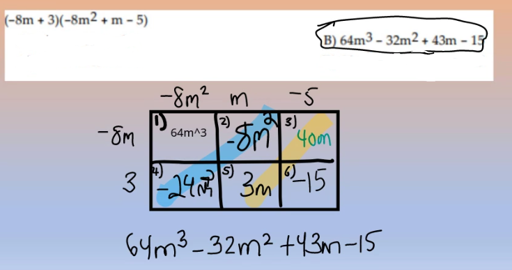 (-8m+3)(-8m2 + m - 5)
-8m² m
-5
3)
2)
²5m 40m
3-24²3m -15
64m²-32m² +43m-15
-8m
B) 64m3 - 32m2 + 43m - 15
64m^3