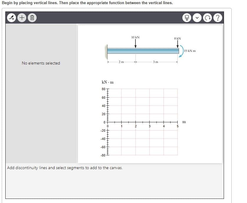 Begin by placing vertical lines. Then place the appropriate function between the vertical lines.
10 kN
8 kN
15 kN m
2 m
3 m
No elements selected
kN - m
80
60
40
20
Im
1
-20
-40
-60
-80
Add discontinuity lines and select segments to add to the canvas.
