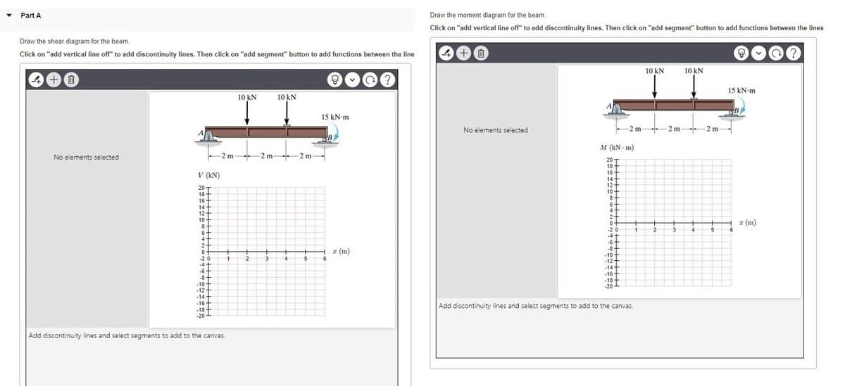 Part A
Draw the moment diagram for the beam.
Click on "add vertical line off" to add discontinuity lines. Then click on "add segment" button to add functions between the lines
Draw the shear diagram for the beam.
Click on "add vertical line off" to add discontinuity lines. Then click on "add segment" button to add functions between the line
+
10 kN
10 kN
15 kN-m
10 kN
10 kN
B
15 kN-m
No elements selected
-2 m 2 m--
-2 m-
M (kN m)
No elements selected
+2 m- 2 m
20
18+
16+
+
V (kN)
14
12+
10
20 T
18+
8-
6-
4+
2-
0-
16
+
14
12+
+
10
8
I (m)
6+
4+
-20
-4+
-6-
2
-8
-10+
-12+
+
+
* (m)
-20
-4+
-6+
8
2.
4.
-14
-16+
-18+
-20
-10
-12
-14
-16+
+
Add discontinuity lines and select segments to add to the canvas.
-18
-20 I
Add discontinuity lines and select segments to add to the canvas.
