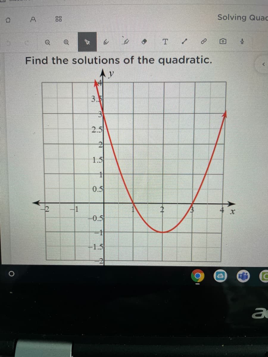 合
88
Solving Quac
Q
Find the solutions of the quadratic.
3.5
2.5
1.5
0.5
-1
-0.5
-1.5
