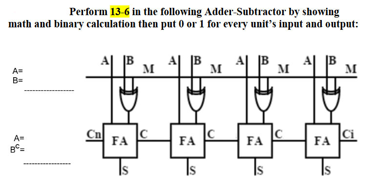 Perform 13-6 in the following Adder-Subtractor by showing
math and binary calculation then put 0 or 1 for every unit's input and output:
A=
B=
A
B
M
M
M
M
Cn
C
Ci
A=
FA
FA
FA
FA
BC=
S
S
IS