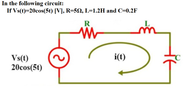 In the following circuit:
If Vs(t)=20cos(5t) [V], R=52, L=1.2H and C=0.2F
R
Vs(t)
20cos(5t)
ટ
i(t)