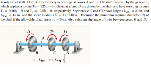 A solid steel shaft ABCDE turns freely in bearings at points A and E. The shaft is driven by the gear at C,
which applies a torque T2 = 325lb – ft. Gears at B and D are driven by the shaft and have resisting torques
T1 = 2001b – ft and T3 = 125lb – ft, respectively. Segments BC and CD have lengths LBC = 20 in. and
LcD = 15 in. and the shear modulus G = 11, 600ksi. Determine the minimum required diameter (d) of
the shaft if the allowable shear stress 7, = 6ksi. Also calculate the angle of twist between gears B and D.
T2
T3
B
D
Lạc-LcD|
-LBC"
