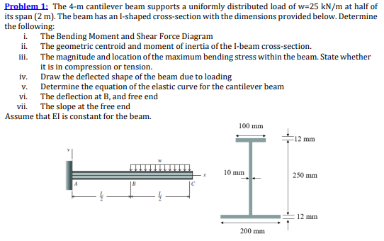 Problem 1: The 4-m cantilever beam supports a uniformly distributed load of w=25 kN/m at half of
its span (2 m). The beam has an I-shaped cross-section with the dimensions provided below. Determine
the following:
i. The Bending Moment and Shear Force Diagram
ii.
The geometric centroid and moment of inertia of the I-beam cross-section.
iii.
The magnitude and location of the maximum bending stress within the beam. State whether
it is in compression or tension.
Draw the deflected shape of the beam due to loading
Determine the equation of the elastic curve for the cantilever beam
The deflection at B, and free end
The slope at the free end
Assume that El is constant for the beam.
iv.
V.
vi.
vii.
100 mm
10 mm
200 mm
12 mm
250 mm
12 mm