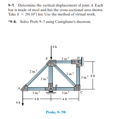 9-7. Determine the vertical displacement of joint A. Each
bar is made of steel and has the cross-sectional area shown.
Take E = 29(10) ksi. Use the method of virtual work.
*9-8. Solve Prob. 9–7 using Castigliano's theorem.
6k
E
2 in.?
D
2 in.?
2 in."
3 in.
3 in.? 4 ft
A,
3 in.?
3 in.?
4 ft
-4 ft -
6k
Probs. 9-7/8
W odl
Ocol
