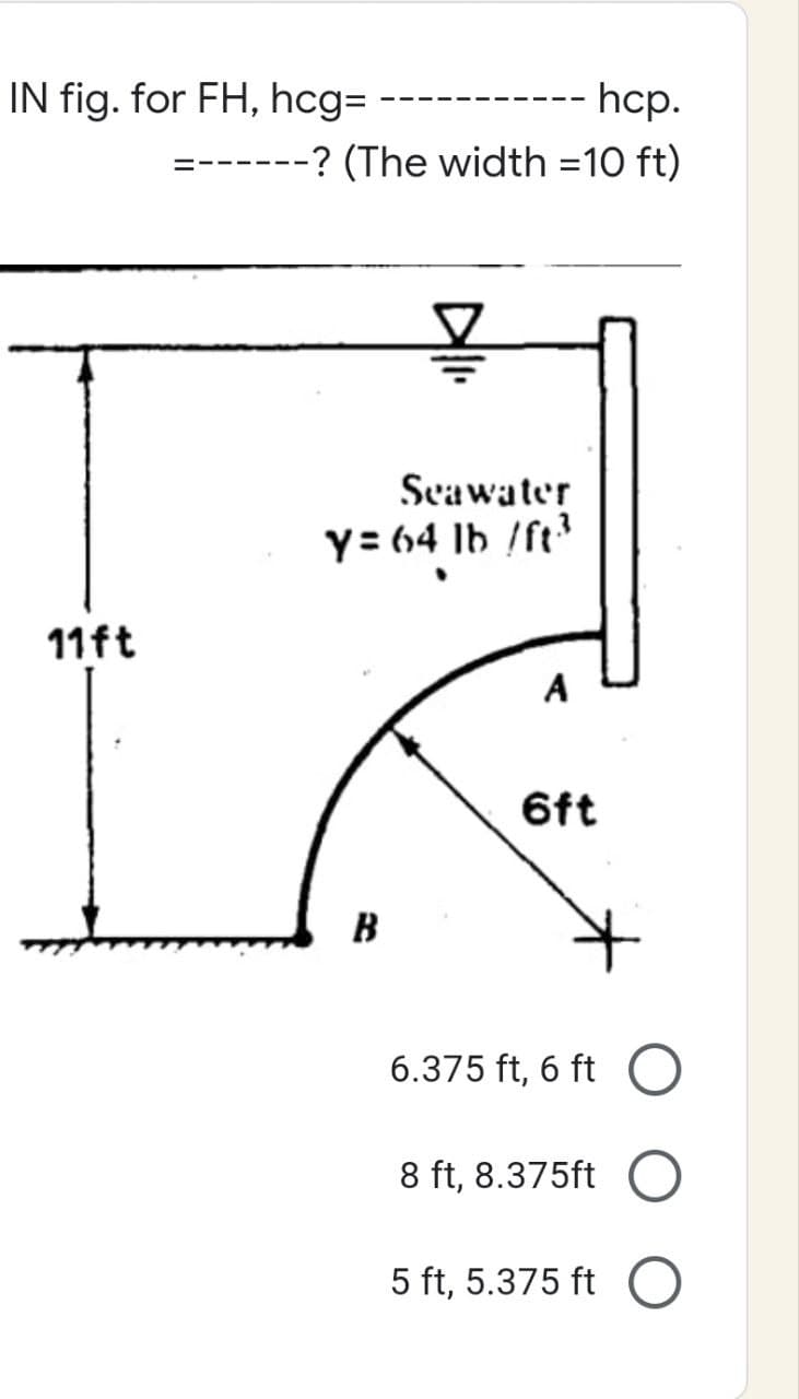 IN fig. for FH, hcg=
11ft
hcp.
=------? (The width =10 ft)
Seawater
y= 64 lb /ft³
6ft
B
6.375 ft, 6 ft
8 ft, 8.375ft
5 ft, 5.375 ft