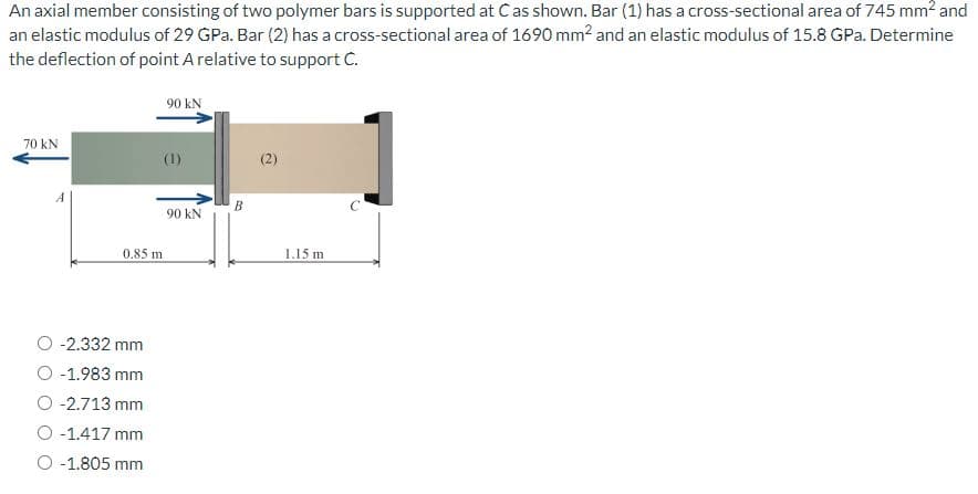 An axial member consisting of two polymer bars is supported at C as shown. Bar (1) has a cross-sectional area of 745 mm² and
an elastic modulus of 29 GPa. Bar (2) has a cross-sectional area of 1690 mm² and an elastic modulus of 15.8 GPa. Determine
the deflection of point A relative to support C.
70 KN
0.85 m
-2.332 mm
-1.983 mm
-2.713 mm
-1.417 mm
-1.805 mm
90 kN
(1)
90 KN
B
(2)
1.15 m