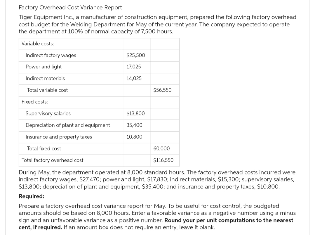 Factory Overhead Cost Variance Report
Tiger Equipment Inc., a manufacturer of construction equipment, prepared the following factory overhead
cost budget for the Welding Department for May of the current year. The company expected to operate
the department at 100% of normal capacity of 7,500 hours.
Variable costs:
Indirect factory wages
Power and light
Indirect materials
Total variable cost
Fixed costs:
$25,500
17,025
14,025
$56,550
Supervisory salaries
Depreciation of plant and equipment
Insurance and property taxes
Total fixed cost
Total factory overhead cost
During May, the department operated at 8,000 standard hours. The factory overhead costs incurred were
indirect factory wages, $27,470; power and light, $17,830; indirect materials, $15,300; supervisory salaries,
$13,800; depreciation of plant and equipment, $35,400; and insurance and property taxes, $10,800.
Required:
$13,800
35,400
10,800
60,000
$116,550
Prepare a factory overhead cost variance report for May. To be useful for cost control, the budgeted
amounts should be based on 8,000 hours. Enter a favorable variance as a negative number using a minus
sign and an unfavorable variance as a positive number. Round your per unit computations to the nearest
cent, if required. If an amount box does not require an entry, leave it blank.