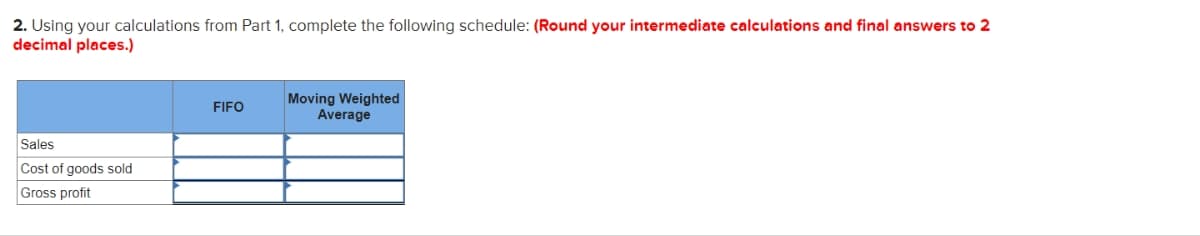 2. Using your calculations from Part 1, complete the following schedule: (Round your intermediate calculations and final answers to 2
decimal places.)
Sales
Cost of goods sold
Gross profit
FIFO
Moving Weighted
Average