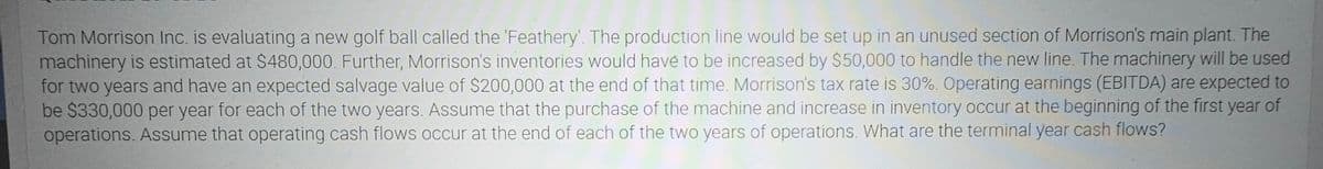 Tom Morrison Inc. is evaluating a new golf ball called the 'Feathery'. The production line would be set up in an unused section of Morrison's main plant. The
machinery is estimated at $480,000. Further, Morrison's inventories would have to be increased by $50,000 to handle the new line. The machinery will be used
for two years and have an expected salvage value of $200,000 at the end of that time. Morrison's tax rate is 30%. Operating earnings (EBITDA) are expected to
be $330,000 per year for each of the two years. Assume that the purchase of the machine and increase in inventory occur at the beginning of the first year of
operations. Assume that operating cash flows occur at the end of each of the two years of operations. What are the terminal year cash flows?