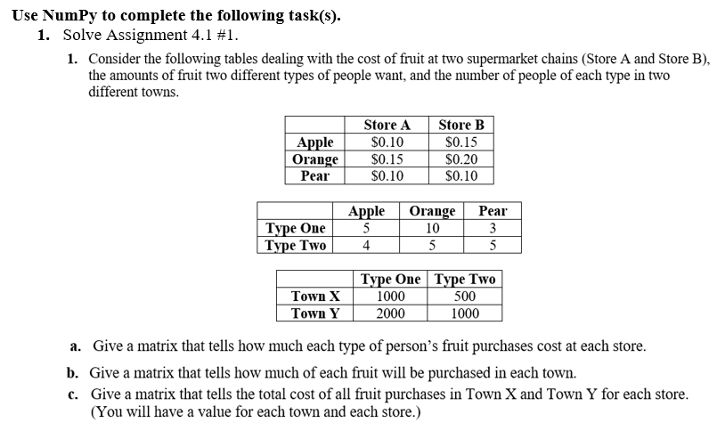 Use Numpy to complete the following task(s).
1. Solve Assignment 4.1 #1.
1. Consider the following tables dealing with the cost of fruit at two supermarket chains (Store A and Store B),
the amounts of fruit two different types of people want, and the number of people of each type in two
different towns.
Apple
Orange
Pear
Type One
Type Two
Town X
Town Y
Store A
$0.10
$0.15
$0.10
Store B
$0.15
$0.20
$0.10
Apple Orange
5
10
4
5
Type One
1000
2000
Pear
3
5
Type Two
500
1000
a. Give a matrix that tells how much each type of person's fruit purchases cost at each store.
b. Give a matrix that tells how much of each fruit will be purchased in each town.
c. Give a matrix that tells the total cost of all fruit purchases in Town X and Town Y for each store.
(You will have a value for each town and each store.)