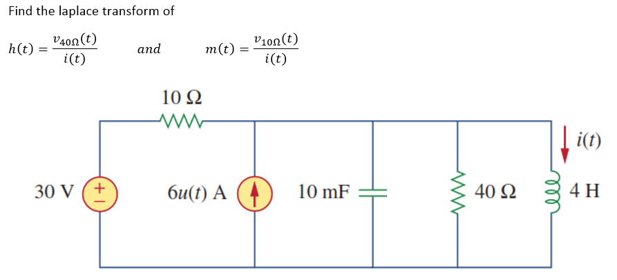 Find the laplace transform of
v4on(t)
V1on(t)
h(t) =
and
т(t)
i(t)
i(t)
10 Ω
i(t)
30 V
6u(t) A (4
10 mF
40 Ω
4 H
