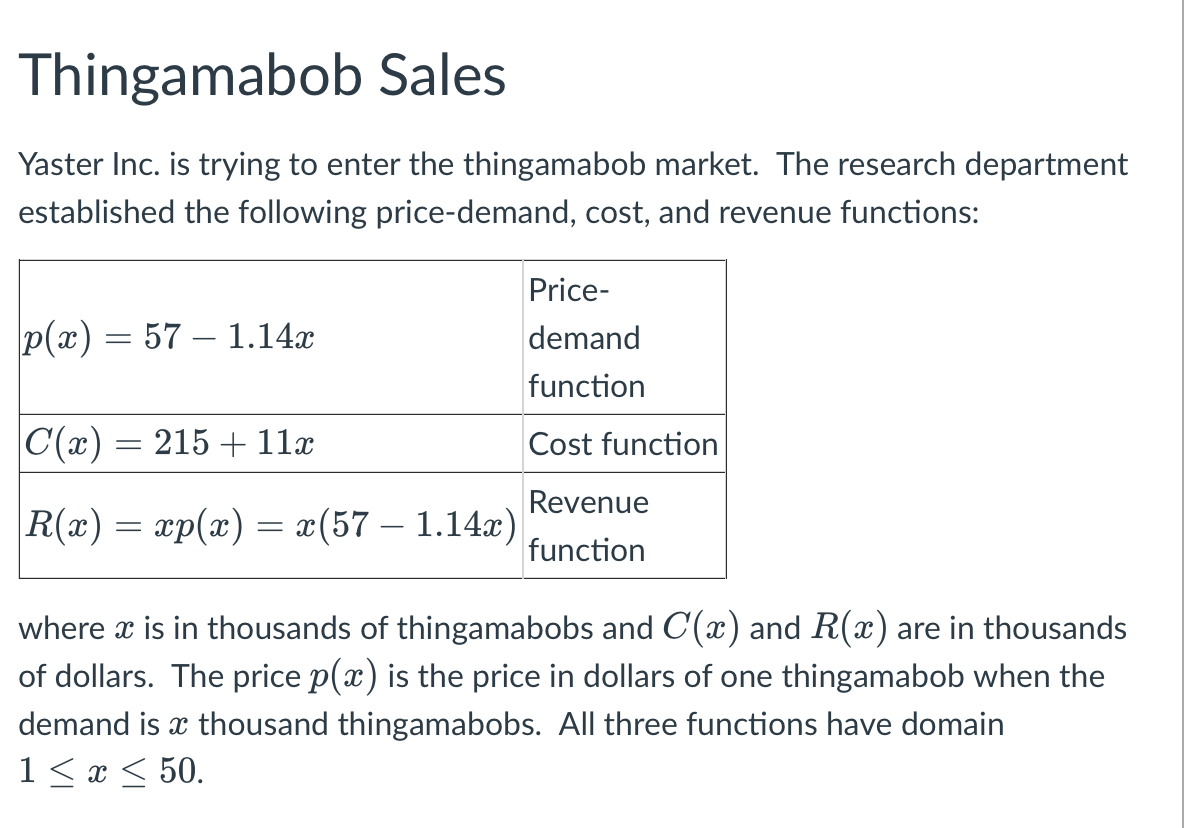 **Thingamabob Sales**

Yaster Inc. is trying to enter the thingamabob market. The research department established the following price-demand, cost, and revenue functions:

\[
\begin{array}{|c|c|}
\hline
p(x) = 57 - 1.14x & \text{Price-demand function} \\
\hline
C(x) = 215 + 11x & \text{Cost function} \\
\hline
R(x) = xp(x) = x(57 - 1.14x) & \text{Revenue function} \\
\hline
\end{array}
\]

where \(x\) is in thousands of thingamabobs and \(C(x)\) and \(R(x)\) are in thousands of dollars. The price \(p(x)\) is the price in dollars of one thingamabob when the demand is \(x\) thousand thingamabobs. All three functions have domain \(1 \le x \le 50\).