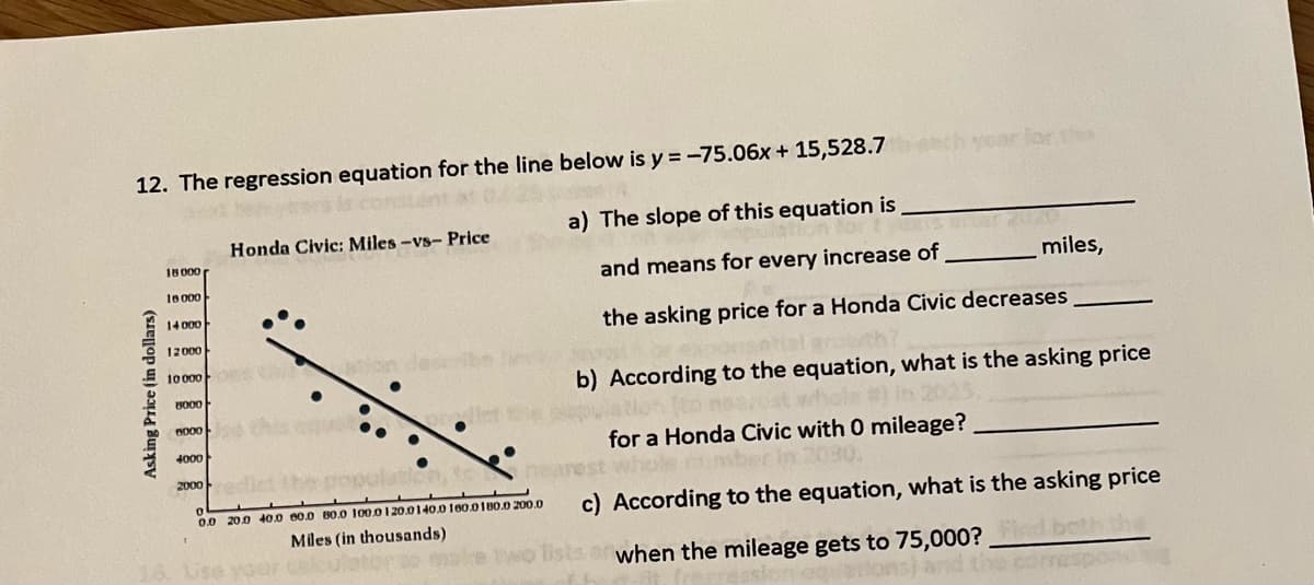 12. The regression equation for the line below is y=-75.06x + 15,528.7
a) The slope of this equation is
and means for every increase of
the asking price for a Honda Civic decreases
Asking Price (in dollars)
18 000 p
10 000
14000
12000
10.000
8000
0000
Honda Civic: Miles -vs- Price
pred let
4000
2000 dict the population, to
0
0.0 20.0 40.0 80.0 80.0 100.0 120.0140.0 160.0180.0 200.0
16. Lise your
apar
120
miles,
b) According to the equation, what is the asking price
Miles (in thousands)
etor to make two lists or when the mileage gets to 75,000?
0? -
D
for a Honda Civic with 0 mileage?
hole number in 2030.
c) According to the equation, what is the asking price