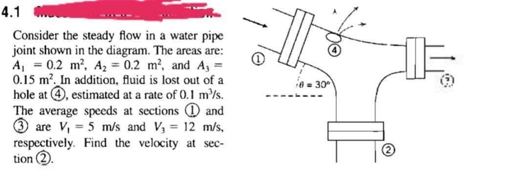 4.1
Consider the steady flow in a water pipe
joint shown in the diagram. The areas are:
0.2 m?, A2 = 0.2 m², and A, =
A,
0.15 m?. In addition, fluid is lost out of a
hole at 4, estimated at a rate of 0.1 m/s.
The average speeds at sections D and
are V, = 5 m/s and V3 = 12 m/s,
respectively. Find the velocity at sec-
tion (2.
0 = 30°
%3D
