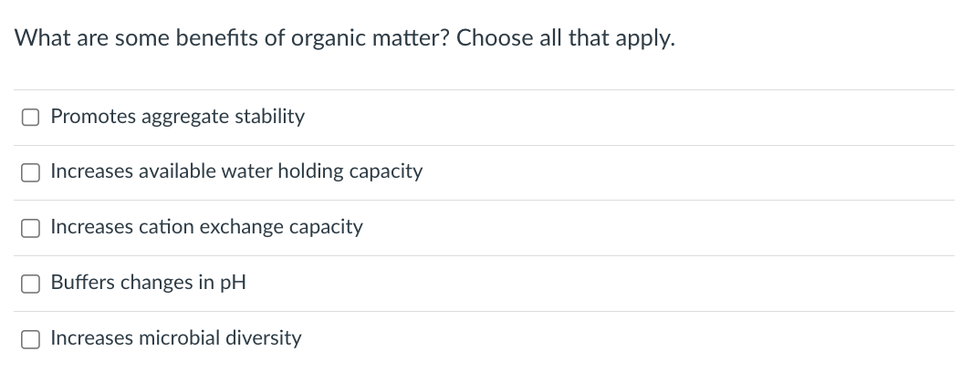 What are some benefits of organic matter? Choose all that apply.
Promotes aggregate stability
Increases available water holding capacity
Increases cation exchange capacity
Buffers changes in pH
O Increases microbial diversity